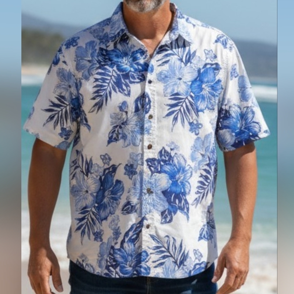Ralph Lauren Polo - Blue Tropical Floral Print On White Cotton Button Down Shirt